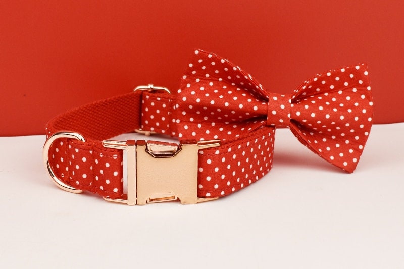 Custom Red Polka Dot Personalised Dog Collar, Matching Dog Bowtie, Dog Leash, H-Style Dog Harness