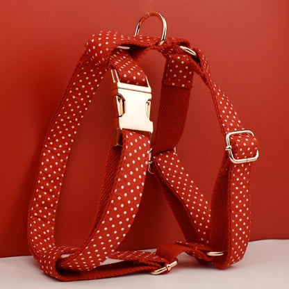 Custom Red Polka Dot Personalised Dog Collar, Matching Dog Bowtie, Dog Leash, H-Style Dog Harness