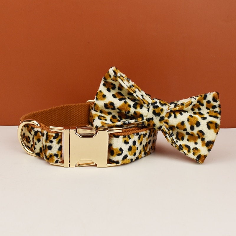 Leopard Print Dog Accessories, Custom Brown Velvet Dog Collar with Personalised Name, H Harness, Bowtie, Leash, Poop Bag Holder