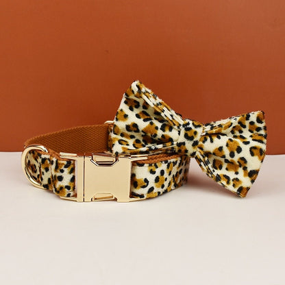 Leopard Print Dog Accessories, Custom Brown Velvet Dog Collar with Personalised Name, H Harness, Bowtie, Leash, Poop Bag Holder