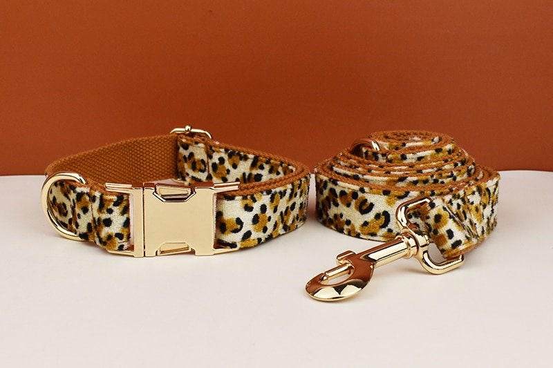 Leopard Print Dog Accessories, Custom Brown Velvet Dog Collar with Personalised Name, H Harness, Bowtie, Leash, Poop Bag Holder