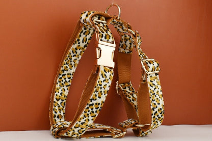 Leopard Print Dog Accessories, Custom Brown Velvet Dog Collar with Personalised Name, H Harness, Bowtie, Leash, Poop Bag Holder