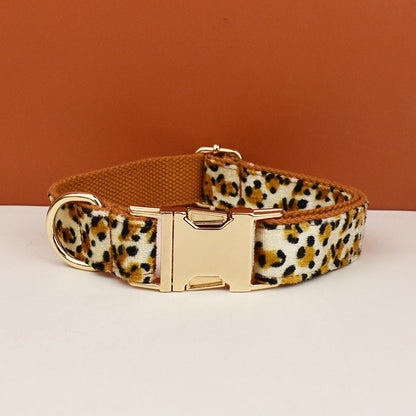 Leopard Print Dog Accessories, Custom Brown Velvet Dog Collar with Personalised Name, H Harness, Bowtie, Leash, Poop Bag Holder