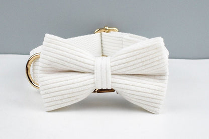 Custom White Corduroy Personalised Dog Collar, Matching Dog Bowtie, Dog Leash, H-Style Dog Harness & Dog Poop Bag