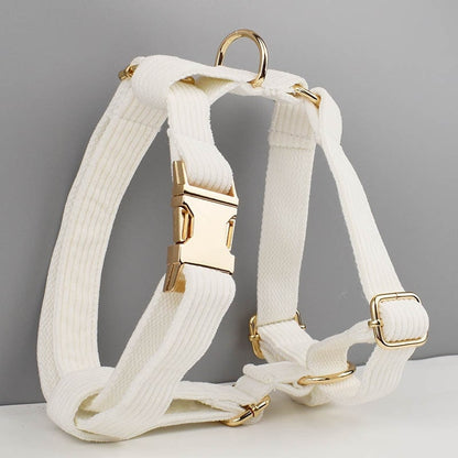 Custom White Corduroy Personalised Dog Collar, Matching Dog Bowtie, Dog Leash, H-Style Dog Harness & Dog Poop Bag