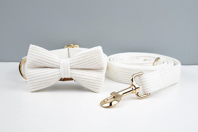 Custom White Corduroy Personalised Dog Collar, Matching Dog Bowtie, Dog Leash, H-Style Dog Harness & Dog Poop Bag
