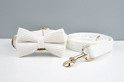 Custom White Corduroy Personalised Dog Collar, Matching Dog Bowtie, Dog Leash, H-Style Dog Harness & Dog Poop Bag