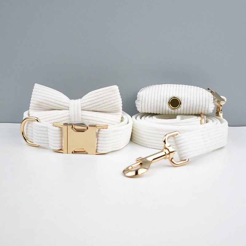 Custom White Corduroy Personalised Dog Collar, Matching Dog Bowtie, Dog Leash, H-Style Dog Harness & Dog Poop Bag