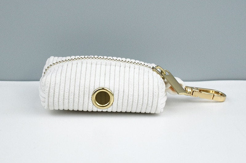 Custom White Corduroy Personalised Dog Collar, Matching Dog Bowtie, Dog Leash, H-Style Dog Harness & Dog Poop Bag