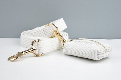 Custom White Corduroy Personalised Dog Collar, Matching Dog Bowtie, Dog Leash, H-Style Dog Harness & Dog Poop Bag