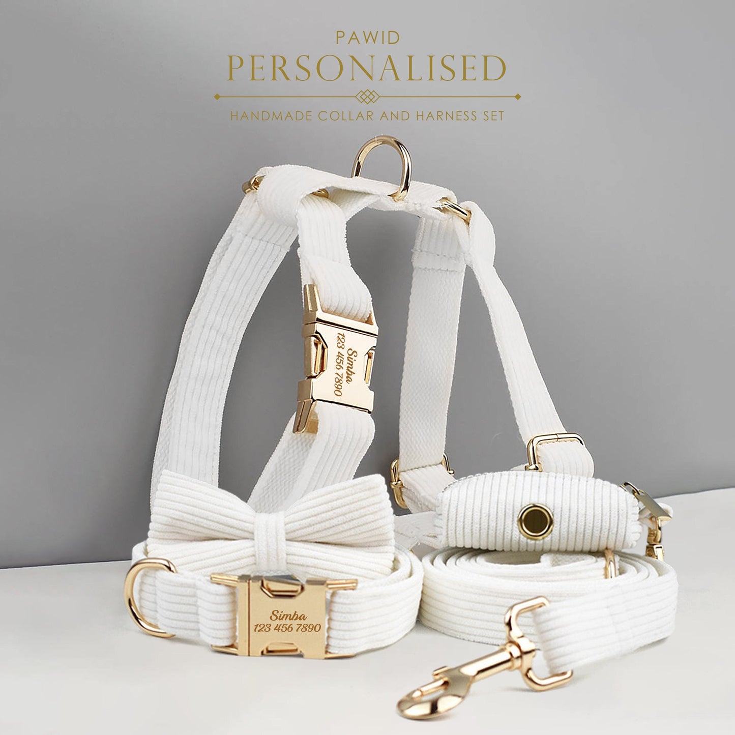 Custom White Corduroy Personalised Dog Collar, Matching Dog Bowtie, Dog Leash, H-Style Dog Harness & Dog Poop Bag