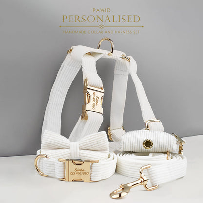 Custom White Corduroy Personalised Dog Collar, Matching Dog Bowtie, Dog Leash, H-Style Dog Harness & Dog Poop Bag