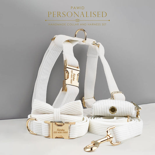 Custom White Corduroy Personalised Dog Collar, Matching Dog Bowtie, Dog Leash, H-Style Dog Harness & Dog Poop Bag