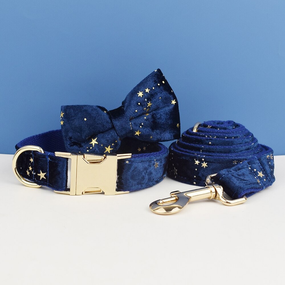 Stars Dog Harness, Custom Navy Blue with Golden Stars Personalised Velvet Dog Collar, Bowtie, Leash, H-Style Harness