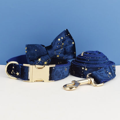 Stars Dog Harness, Custom Navy Blue with Golden Stars Personalised Velvet Dog Collar, Bowtie, Leash, H-Style Harness
