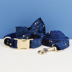 Stars Dog Harness, Custom Navy Blue with Golden Stars Personalized Velvet Dog Collar, Bowtie, Leash, H-Style Harness, Different Combo