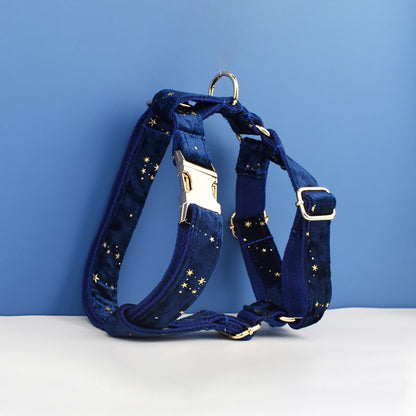 Stars Dog Harness, Custom Navy Blue with Golden Stars Personalised Velvet Dog Collar, Bowtie, Leash, H-Style Harness
