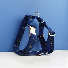 Stars Dog Harness, Custom Navy Blue with Golden Stars Personalized Velvet Dog Collar, Bowtie, Leash, H-Style Harness, Different Combo