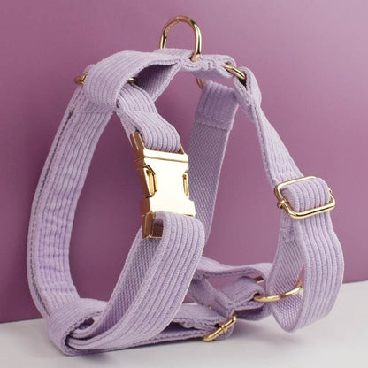 Purple Dog Collar Custom with Name in Corduroy, Personalised H-Style Dog Harness, Bowtie, Leash, Dog Poop Bag