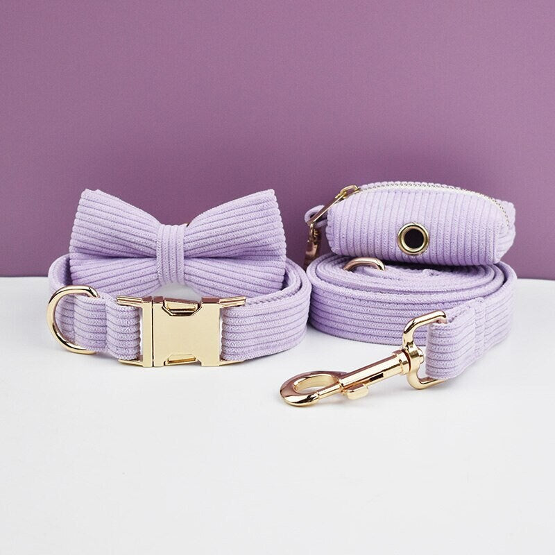 Purple Dog Collar Custom with Name in Corduroy, Personalised H-Style Dog Harness, Bowtie, Leash, Dog Poop Bag