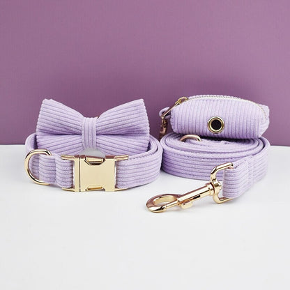 Purple Dog Collar Custom with Name in Corduroy, Personalised H-Style Dog Harness, Bowtie, Leash, Dog Poop Bag