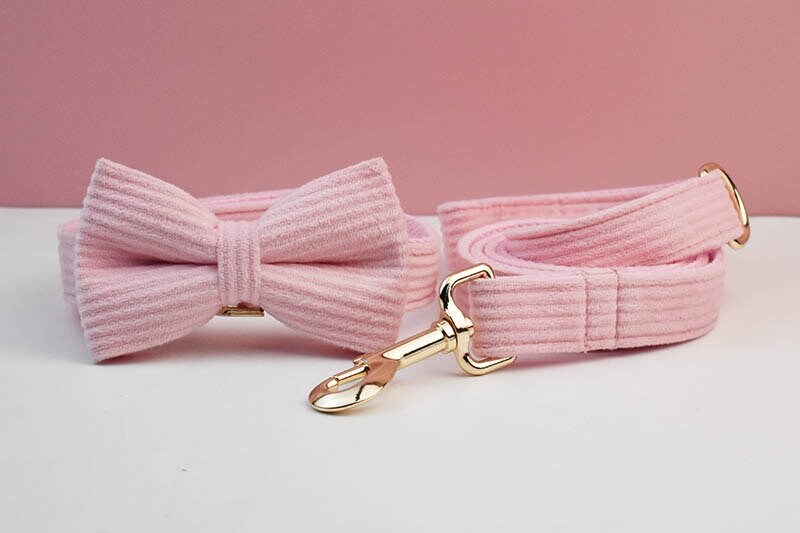 Custom Pink Corduroy Personalised Dog Collar, Matching Dog Bowtie, Dog Leash, H-Style Dog Harness & Dog Poop Bag