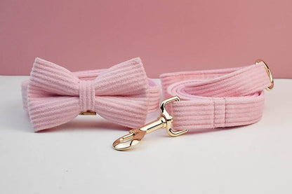Custom Pink Corduroy Personalised Dog Collar, Matching Dog Bowtie, Dog Leash, H-Style Dog Harness & Dog Poop Bag