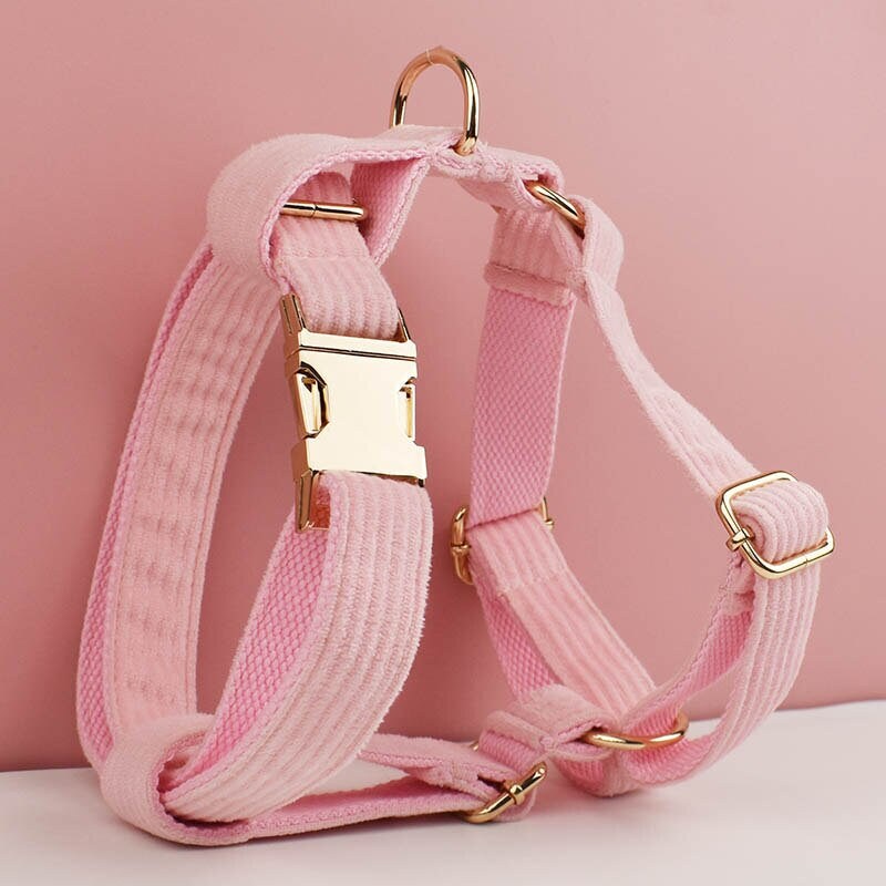 Custom Pink Corduroy Personalised Dog Collar, Matching Dog Bowtie, Dog Leash, H-Style Dog Harness & Dog Poop Bag