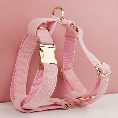Custom Pink Corduroy Personalised Dog Collar, Matching Dog Bowtie, Dog Leash, H-Style Dog Harness & Dog Poop Bag