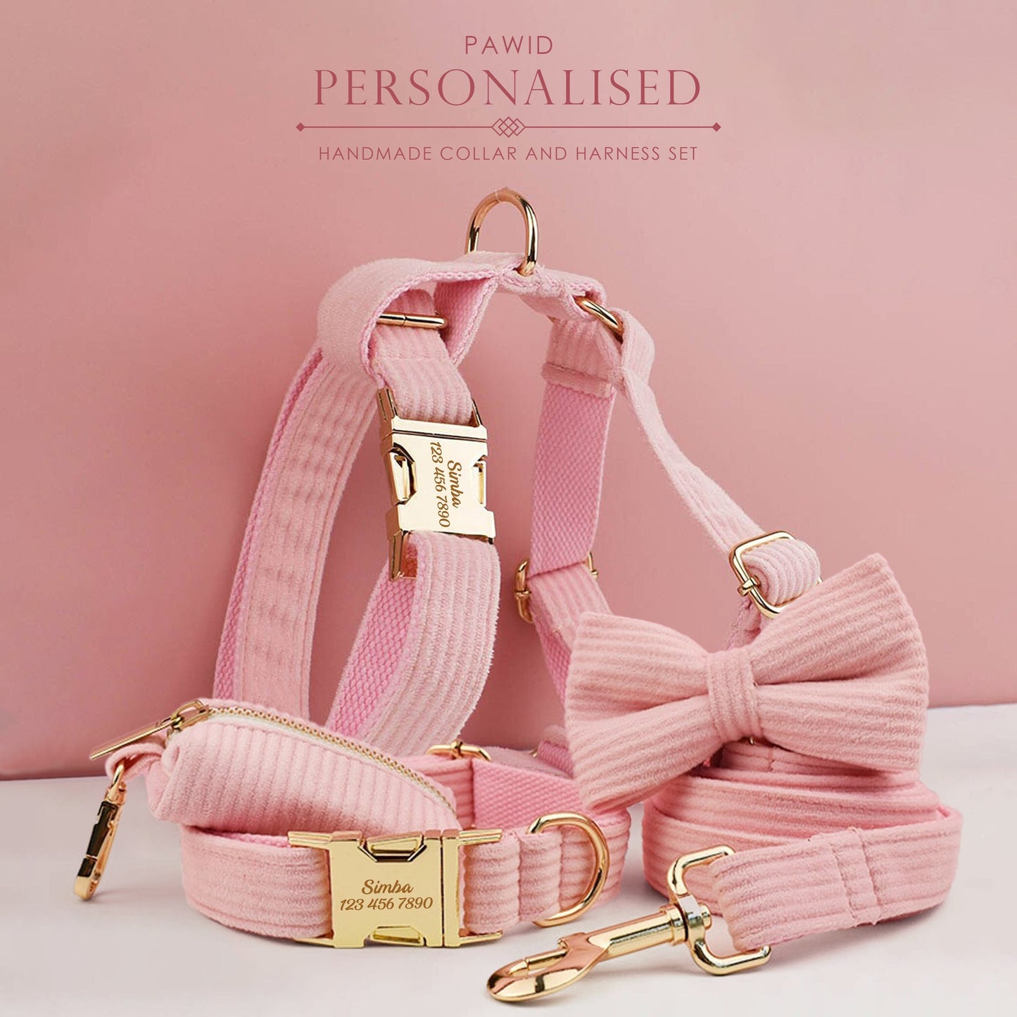 Custom Pink Corduroy Personalised Dog Collar, Matching Dog Bowtie, Dog Leash, H-Style Dog Harness & Dog Poop Bag