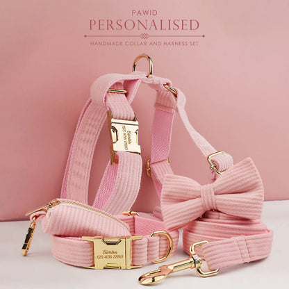 Custom Pink Corduroy Personalised Dog Collar, Matching Dog Bowtie, Dog Leash, H-Style Dog Harness & Dog Poop Bag