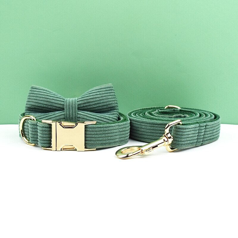 Custom Dark Green Corduroy Personalised Dog Collar, Matching Dog Bowtie, Dog Leash, H-Style Dog Harness & Dog Poop Bag