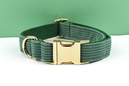 Custom Dark Green Corduroy Personalised Dog Collar, Matching Dog Bowtie, Dog Leash, H-Style Dog Harness & Dog Poop Bag