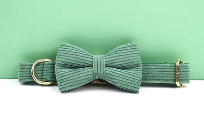 Custom Dark Green Corduroy Personalised Dog Collar, Matching Dog Bowtie, Dog Leash, H-Style Dog Harness & Dog Poop Bag