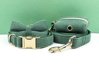 Custom Dark Green Corduroy Personalised Dog Collar, Matching Dog Bowtie, Dog Leash, H-Style Dog Harness & Dog Poop Bag