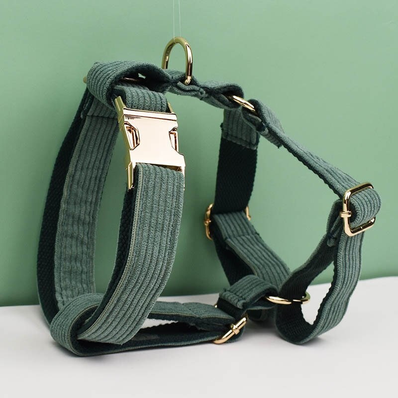 Custom Dark Green Corduroy Personalised Dog Collar, Matching Dog Bowtie, Dog Leash, H-Style Dog Harness & Dog Poop Bag