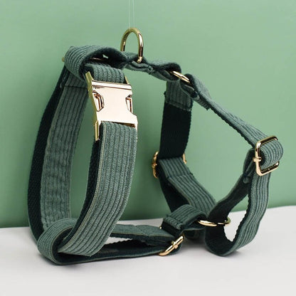 Custom Dark Green Corduroy Personalised Dog Collar, Matching Dog Bowtie, Dog Leash, H-Style Dog Harness & Dog Poop Bag