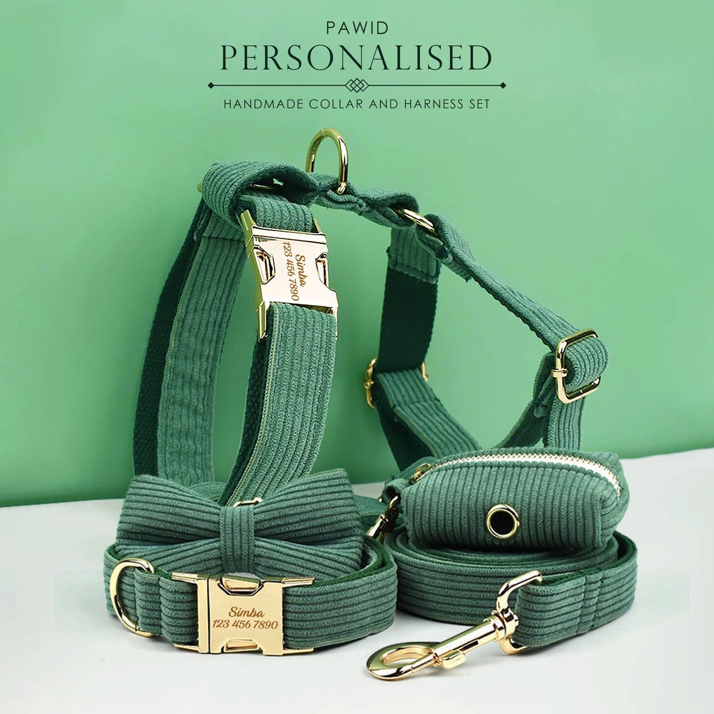 Custom Dark Green Corduroy Personalised Dog Collar, Matching Dog Bowtie, Dog Leash, H-Style Dog Harness & Dog Poop Bag