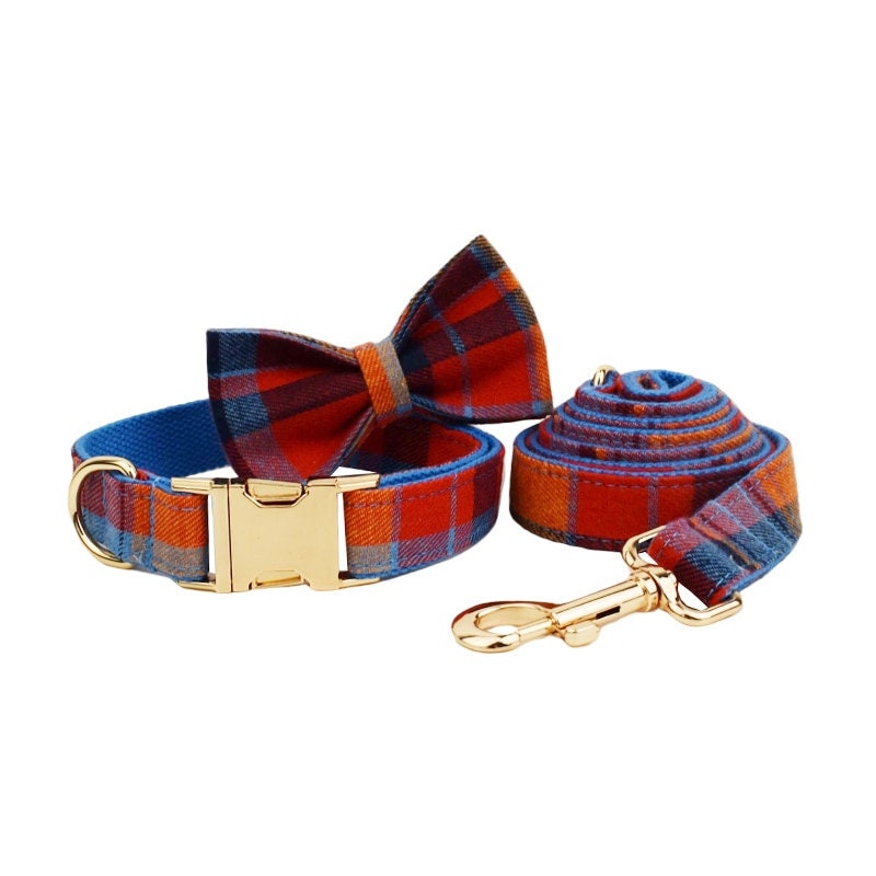 Tartan Dog Collar, Blue Red Check Custom H-Style Dog Harness, Leash, Collar, Bowtie, Stylish Boy Dog Accessories, Different Combo
