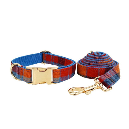 Tartan Dog Collar, Blue Red Check Custom H-Style Dog Harness, Leash, Collar, Bowtie, Stylish Boy Dog Accessories