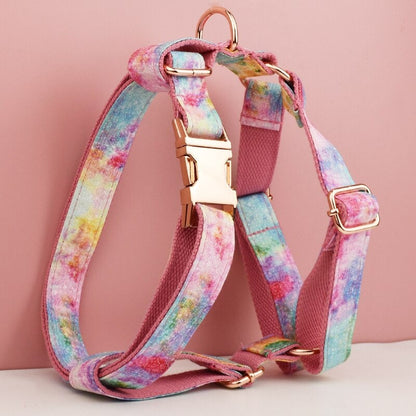 Custom Rainbow Tie Dye Personalised Dog Collar, Matching Dog Bowtie, Dog Leash, H-Style Dog Harness