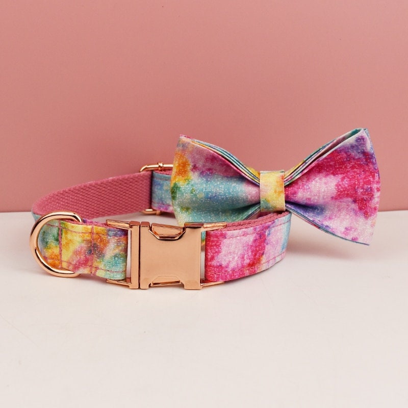 Custom Rainbow Tie Dye Personalised Dog Collar, Matching Dog Bowtie, Dog Leash, H-Style Dog Harness