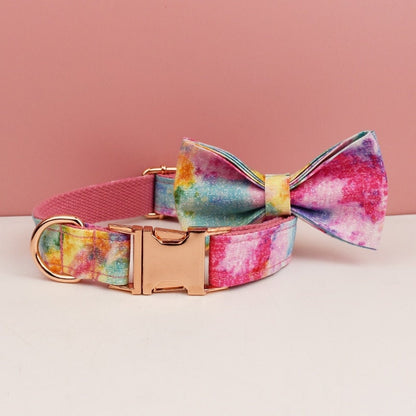 Custom Rainbow Tie Dye Personalised Dog Collar, Matching Dog Bowtie, Dog Leash, H-Style Dog Harness