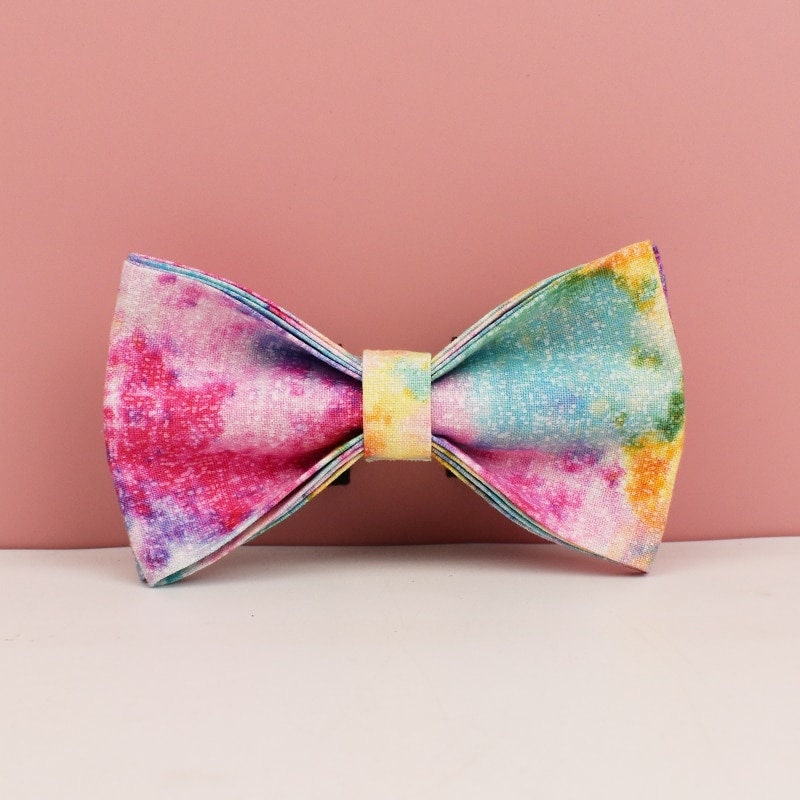 Custom Rainbow Tie Dye Personalised Dog Collar, Matching Dog Bowtie, Dog Leash, H-Style Dog Harness