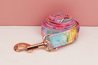 Custom Rainbow Tie Dye Personalised Dog Collar, Matching Dog Bowtie, Dog Leash, H-Style Dog Harness