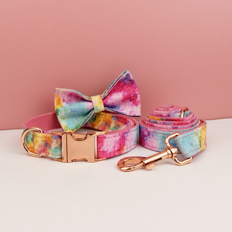 Custom Rainbow Tie Dye Personalised Dog Collar, Matching Dog Bowtie, Dog Leash, H-Style Dog Harness