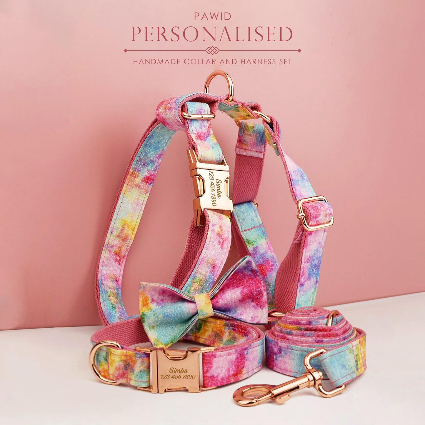 Custom Rainbow Tie Dye Personalised Dog Collar, Matching Dog Bowtie, Dog Leash, H-Style Dog Harness