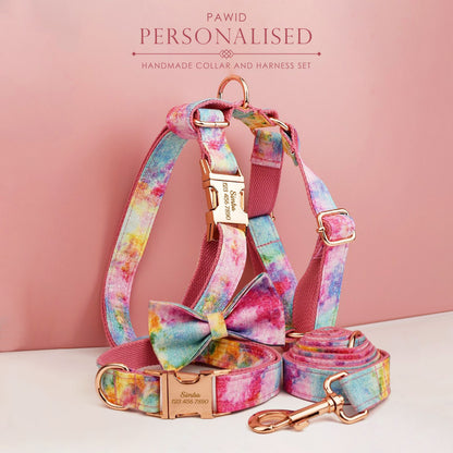 Custom Rainbow Tie Dye Personalised Dog Collar, Matching Dog Bowtie, Dog Leash, H-Style Dog Harness