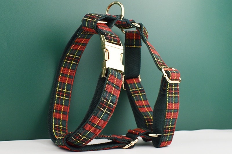 Personalised Tartan Dog Collar, Harness, Bow, Leash for Christmas New Year Green Red Outfit, Custom Laser Engraved with Name