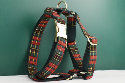 Personalised Tartan Dog Collar, Harness, Bow, Leash for Christmas New Year Green Red Outfit, Custom Laser Engraved with Name